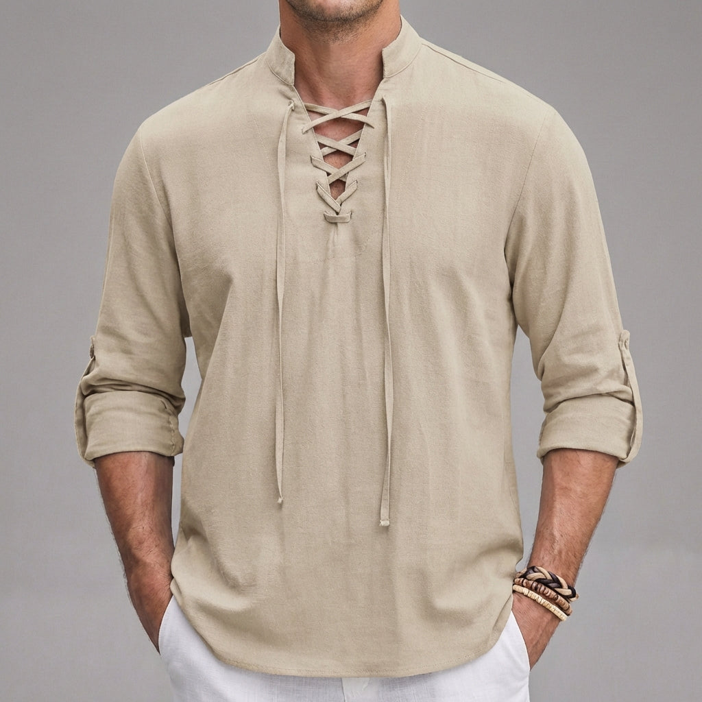 Men’s Henley Lace-Up Long Sleeve Shirt