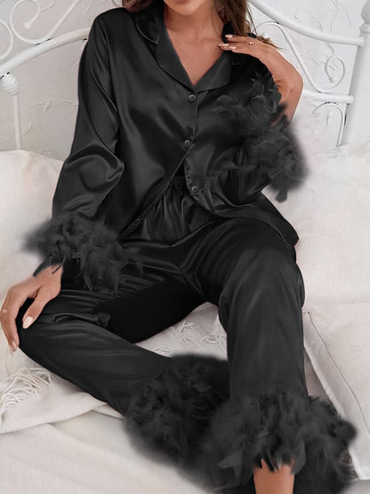Pajama Set | Feather Trim Top and Relaxed Fit Bottoms