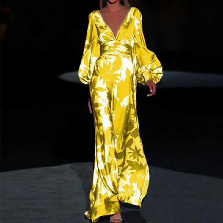 Elegant Maxi Dress | Women's V-Neck and Long Sleeve