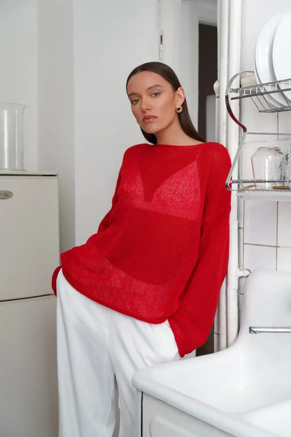 Long Sleeve Knit Top | Sheer Relaxed Fit