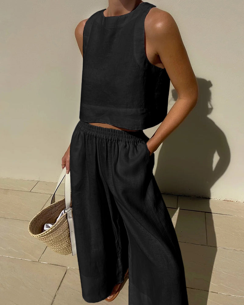 Two Piece Linen Set Women's Wide Leg