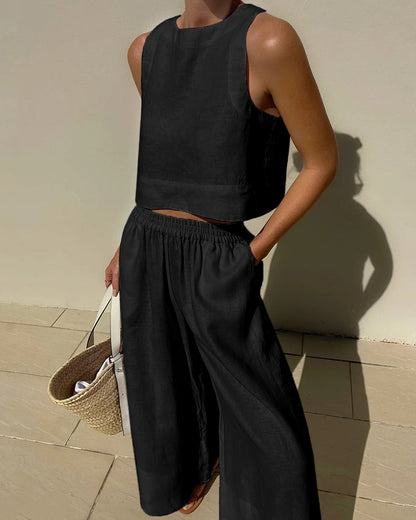 Two Piece Linen Set Women's Wide Leg
