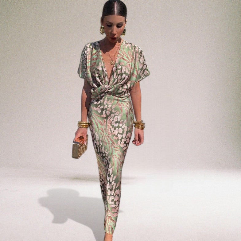Women's V Neck Twist Front Maxi Dress