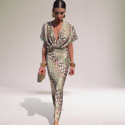 Women's V Neck Twist Front Maxi Dress
