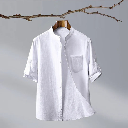 Mandarin Collar Shirt | Linen Short Sleeve