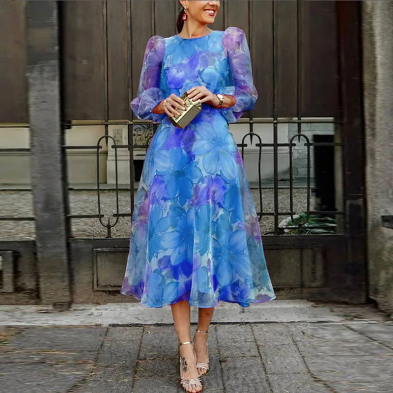 Women's Puff Sleeve Formal Wedding Guest Midi Dress