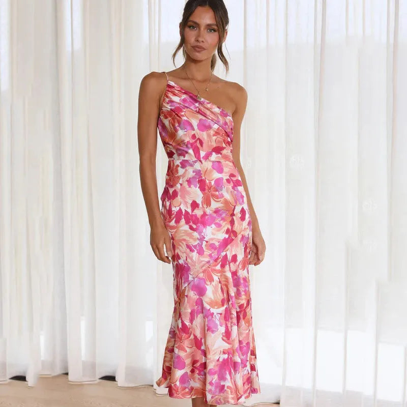 Women's Floral One Shoulder Midi Dress