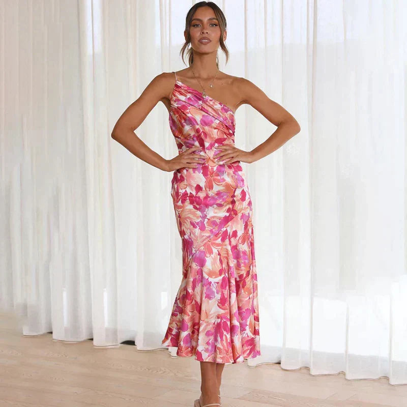 Women's Floral One Shoulder Midi Dress