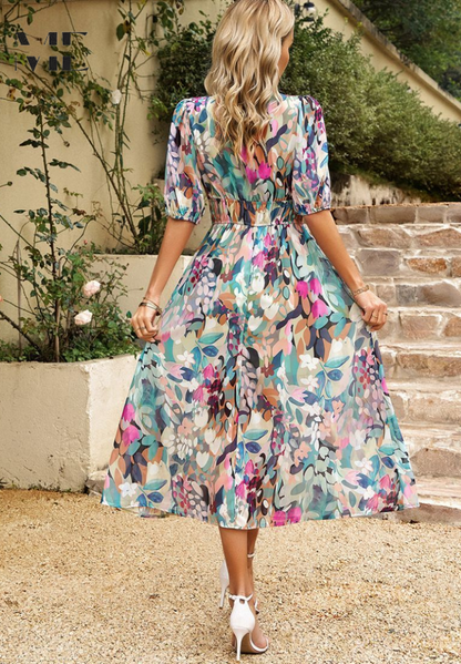 Women's Floral Puff Sleeve Midi Dress