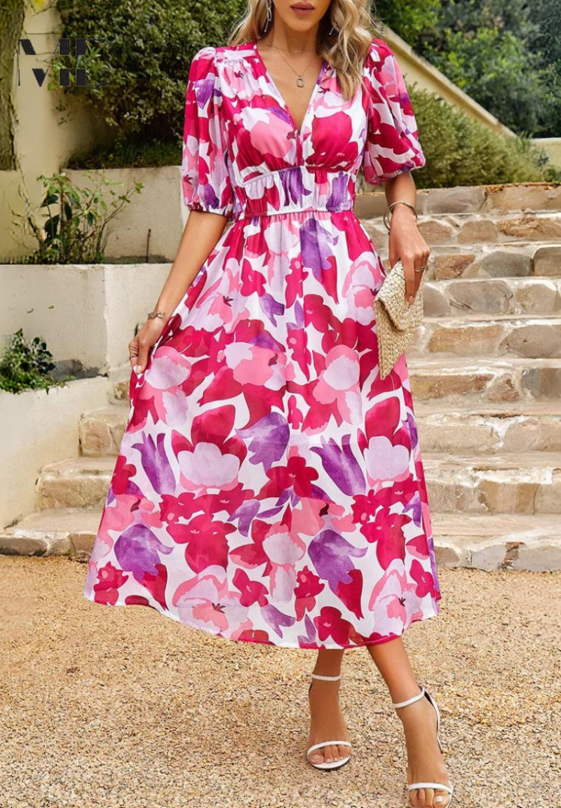 Women's Floral Puff Sleeve Midi Dress