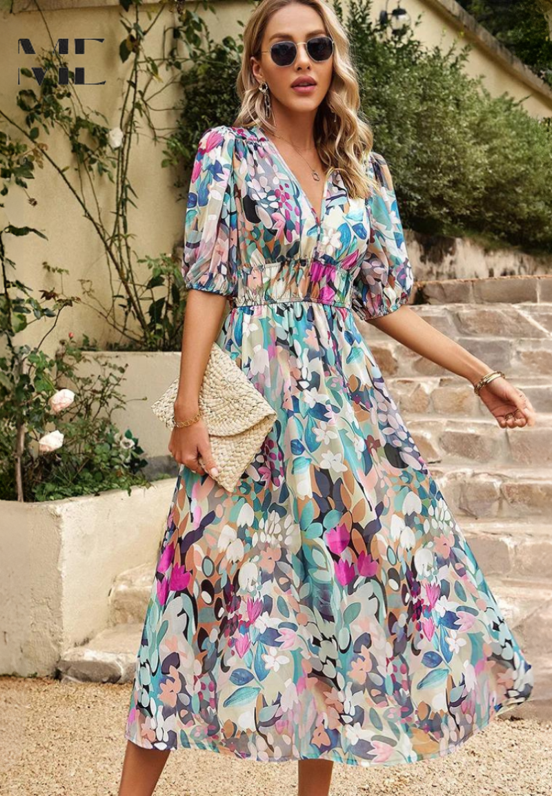 Women's Floral Puff Sleeve Midi Dress