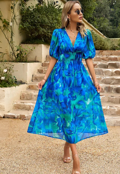 Women's Floral Puff Sleeve Midi Dress