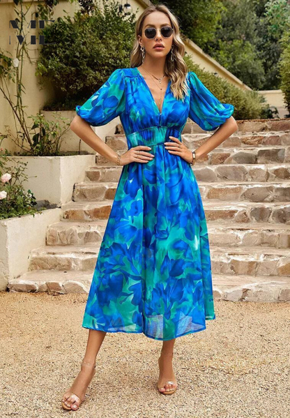 Women's Floral Puff Sleeve Midi Dress