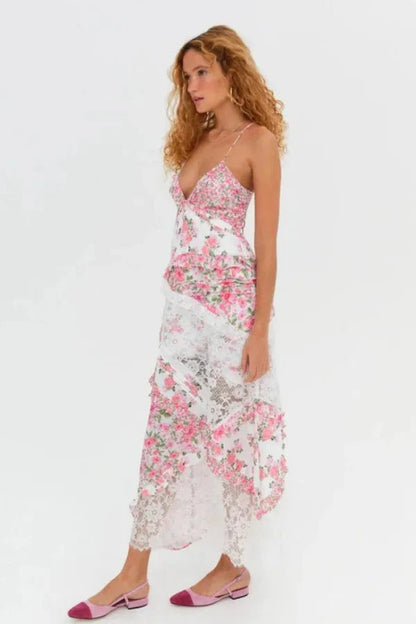 Women's Floral Lace Trim Maxi Dress