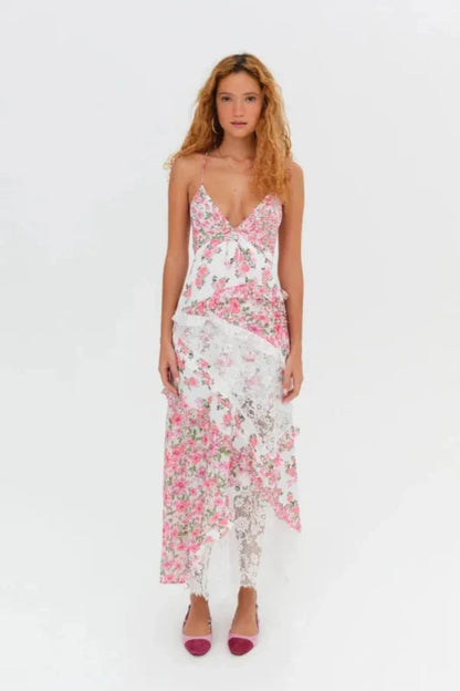 Women's Floral Lace Trim Maxi Dress