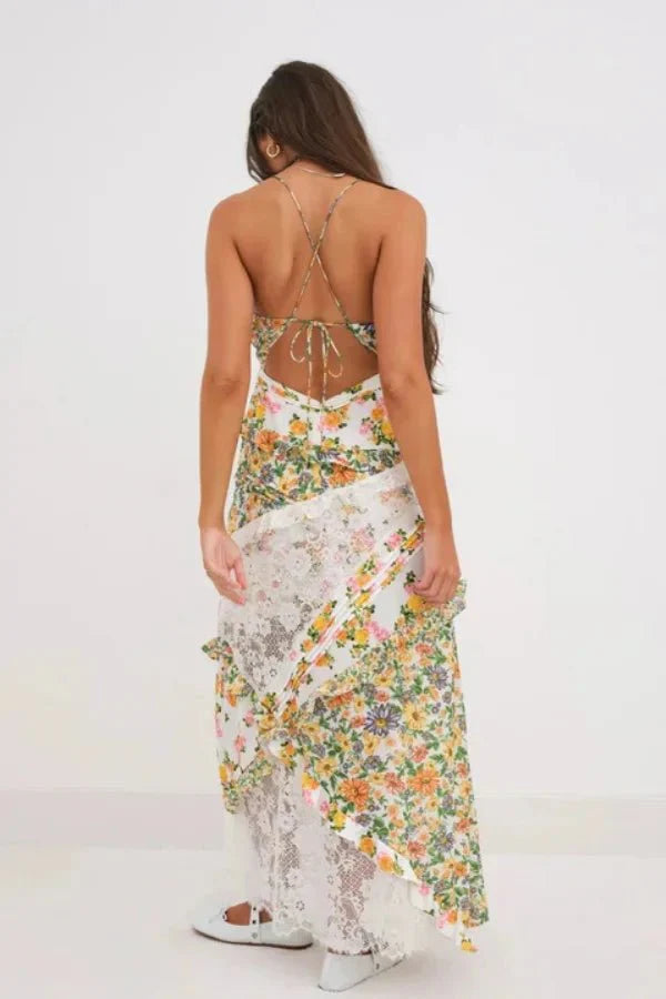 Women's Floral Lace Trim Maxi Dress