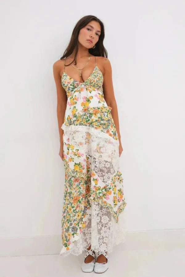 Women's Floral Lace Trim Maxi Dress