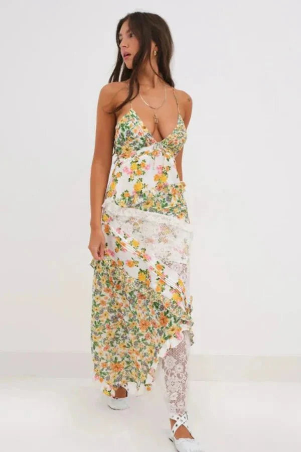 Women's Floral Lace Trim Maxi Dress