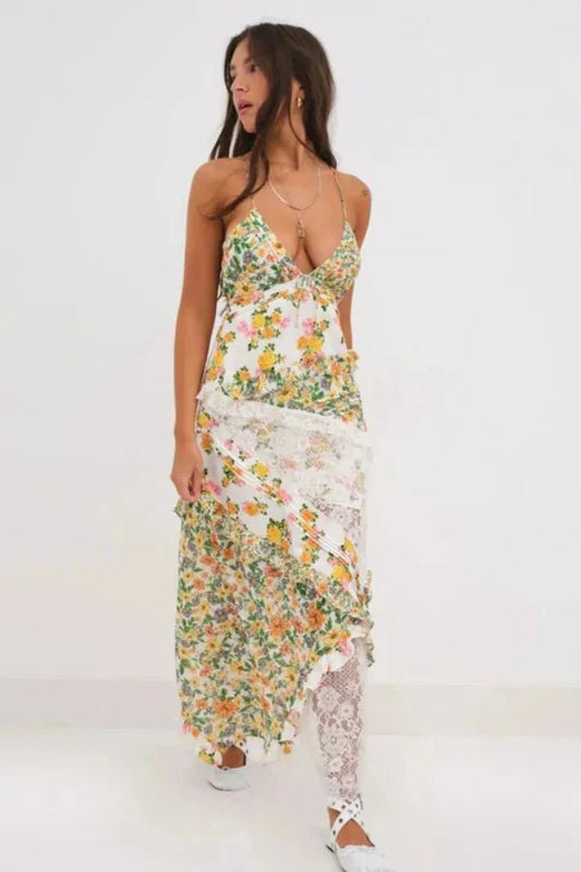 Women's Floral Lace Trim Maxi Dress