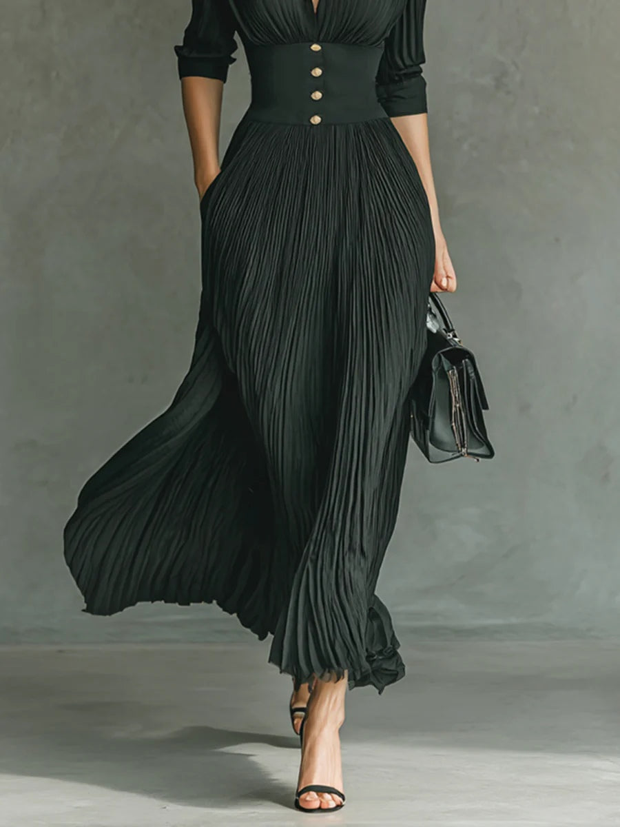 Chic Pleated V-Neck Maxi Dress