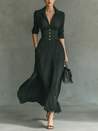 Chic Pleated V-Neck Maxi Dress