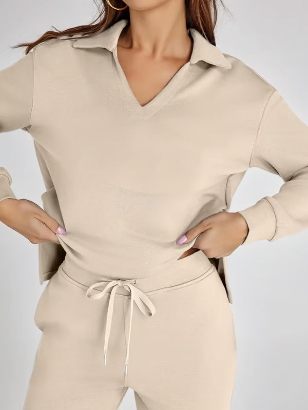 Loungewear Set | V Neck Top with Wide Leg Trousers