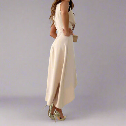 Elegant Midi Dress | Women's V-Neck Asymmetric Hem