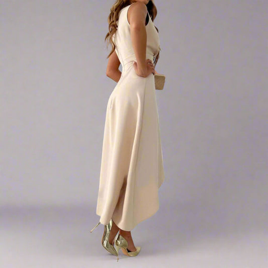 Elegant Midi Dress | Women's V-Neck Asymmetric Hem