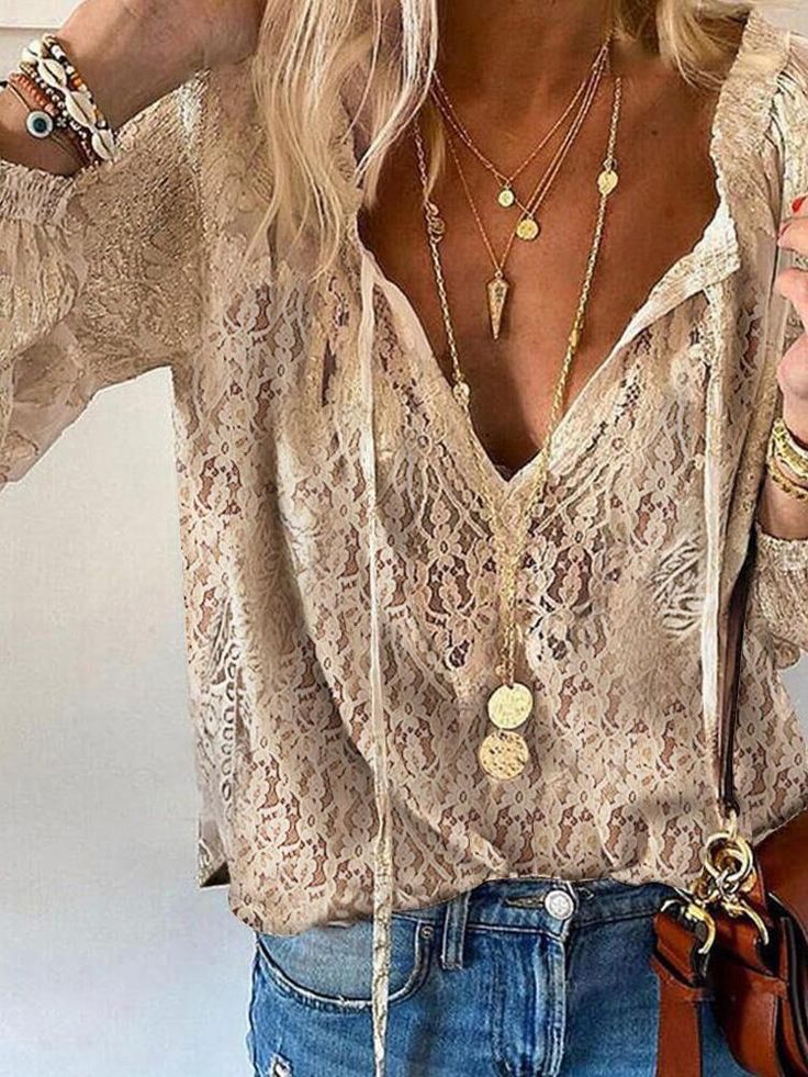Elegant Boho Blouse Women's Lace V Neck