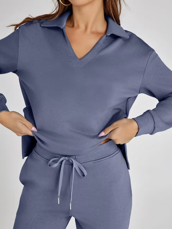 Loungewear Set | V Neck Top with Wide Leg Trousers