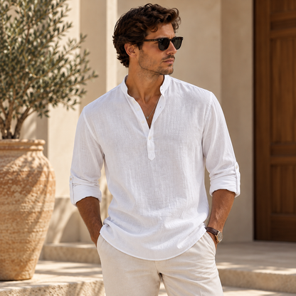 Men's Casual Henley Shirt | Vintage Long Sleeve Grandad