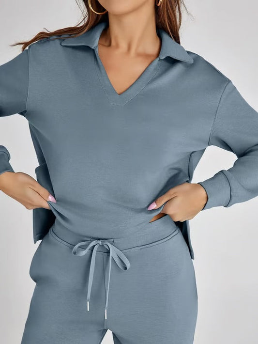 Loungewear Set | V Neck Top with Wide Leg Trousers