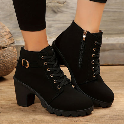 Ankle Boots - Block Heel Lace Up Design