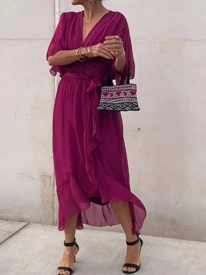 Women's Elegant Wrap Tie Waist Midi Dress