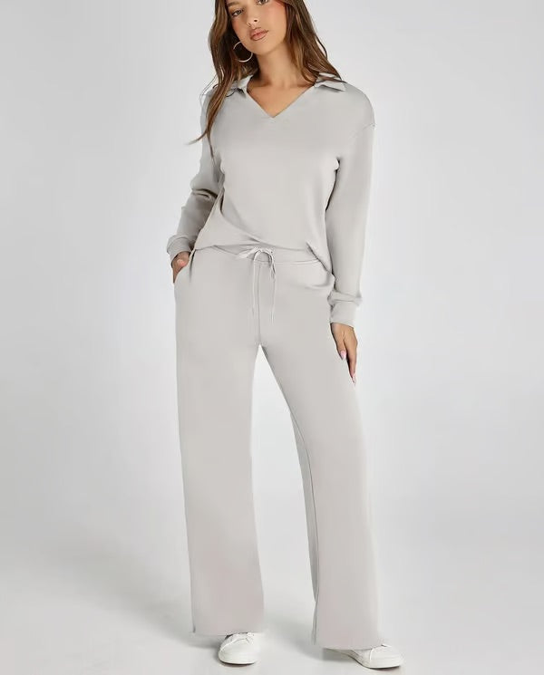 Loungewear Set | V Neck Top with Wide Leg Trousers