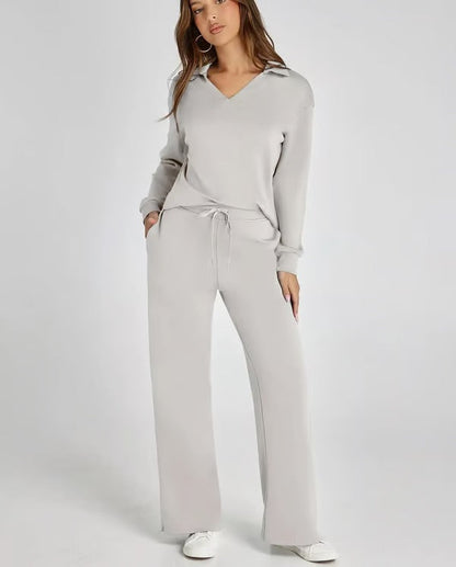 Loungewear Set | V Neck Top with Wide Leg Trousers