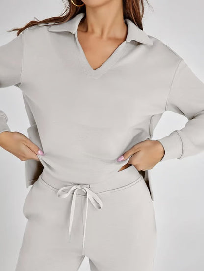 Loungewear Set | V Neck Top with Wide Leg Trousers