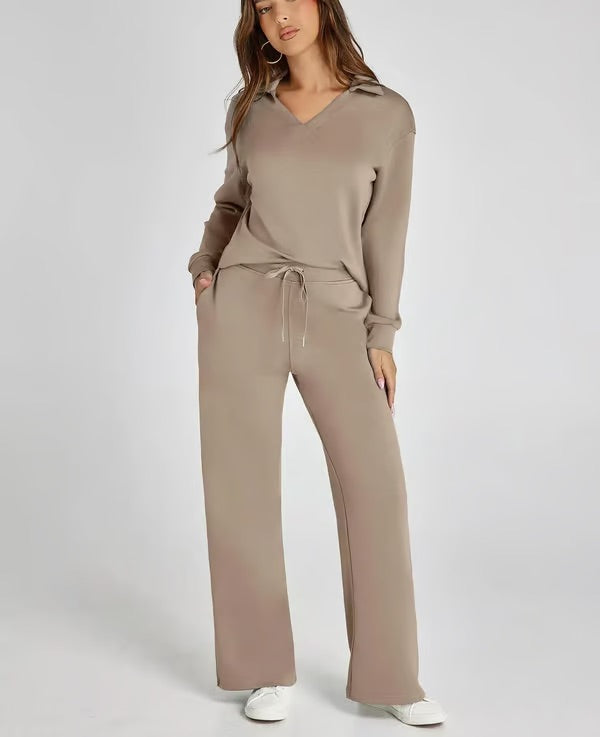 Loungewear Set | V Neck Top with Wide Leg Trousers