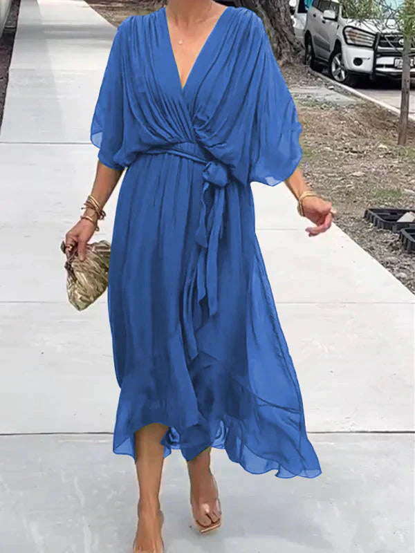 Women's Elegant Wrap Tie Waist Midi Dress