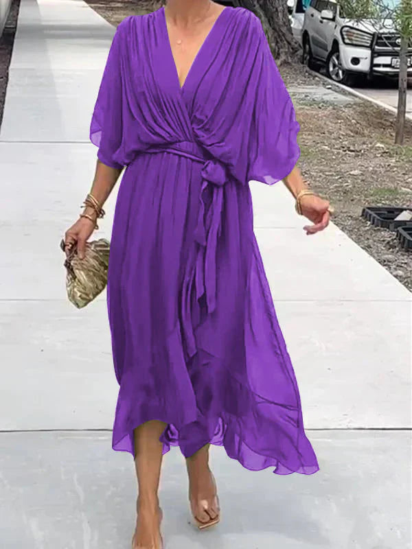 Women's Elegant Wrap Tie Waist Midi Dress