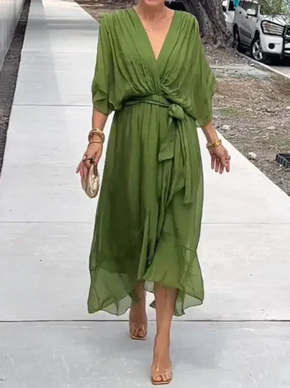 Women's Elegant Wrap Tie Waist Midi Dress