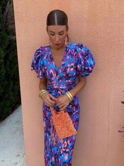 Women's Puff Sleeve Print Midi Dress