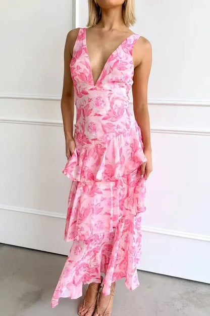 Women's Elegant V-Neck Tiered Maxi Dress