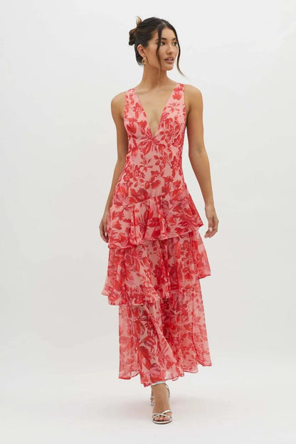 Women's Elegant V-Neck Tiered Maxi Dress