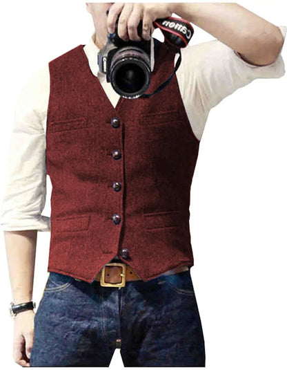 Men's Classic Herringbone Tweed Waistcoat | Smart Occasion Wear Close Up