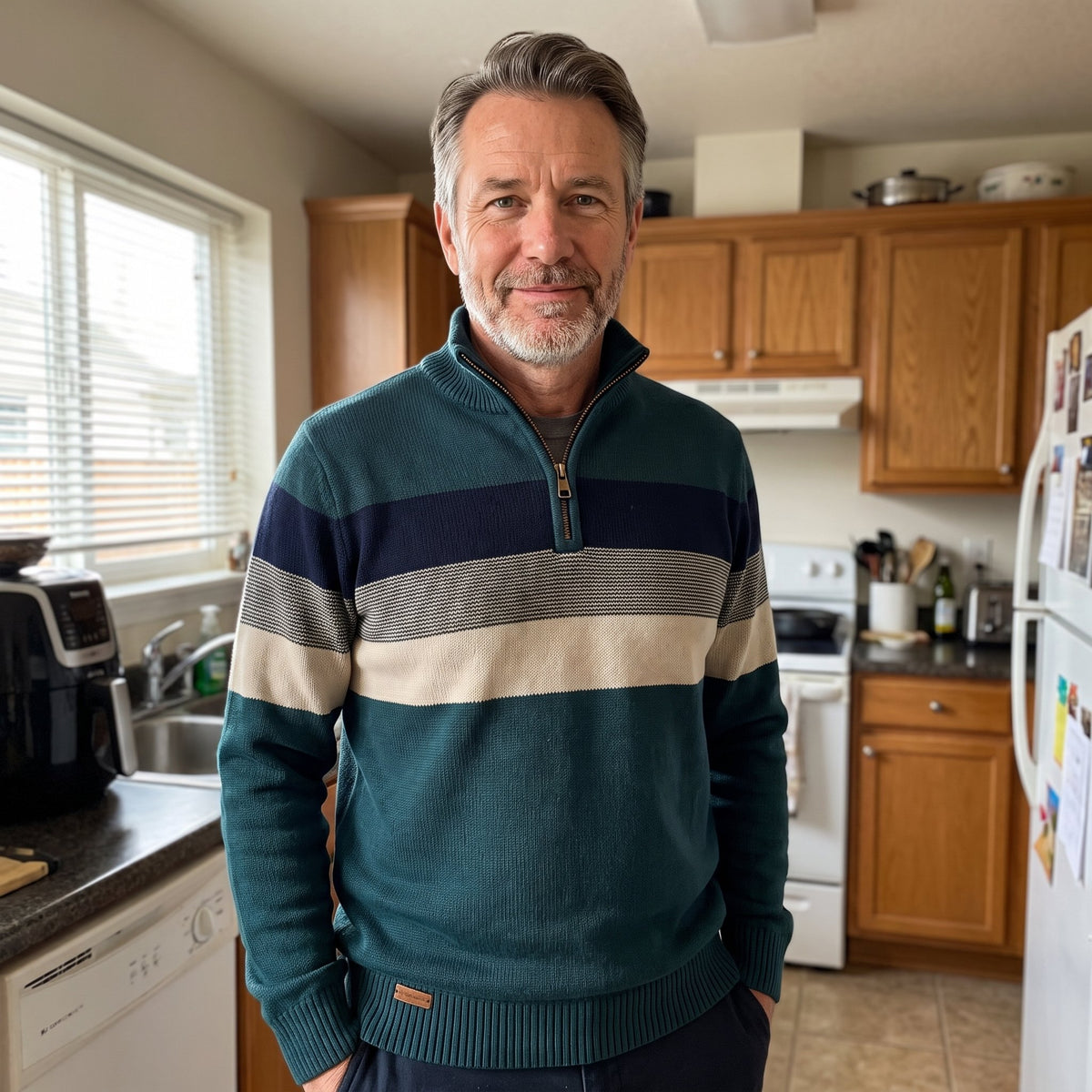 Men's Cotton Stripe Pullover with Quarter-Zip Front