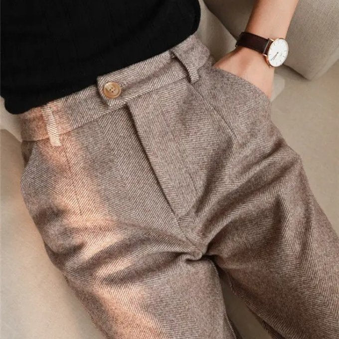 Men's Herringbone Wool Trousers | Tailored Smart Fit Side