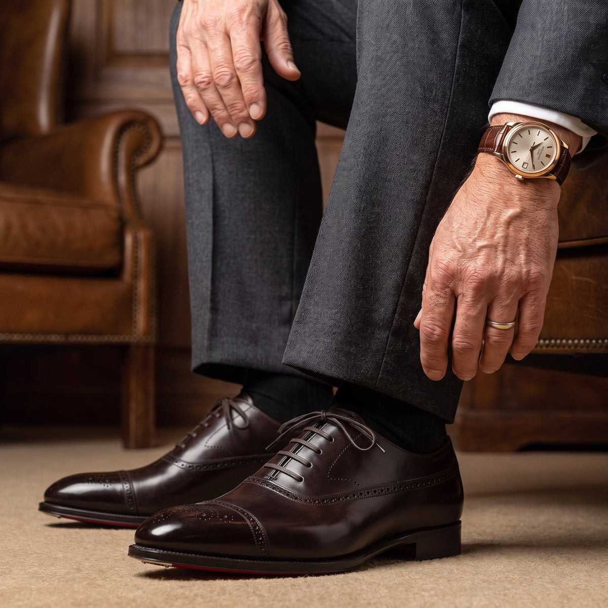 Men's Leather Oxford Brogue Shoes | Cap Toe with Cushioned Insole Front