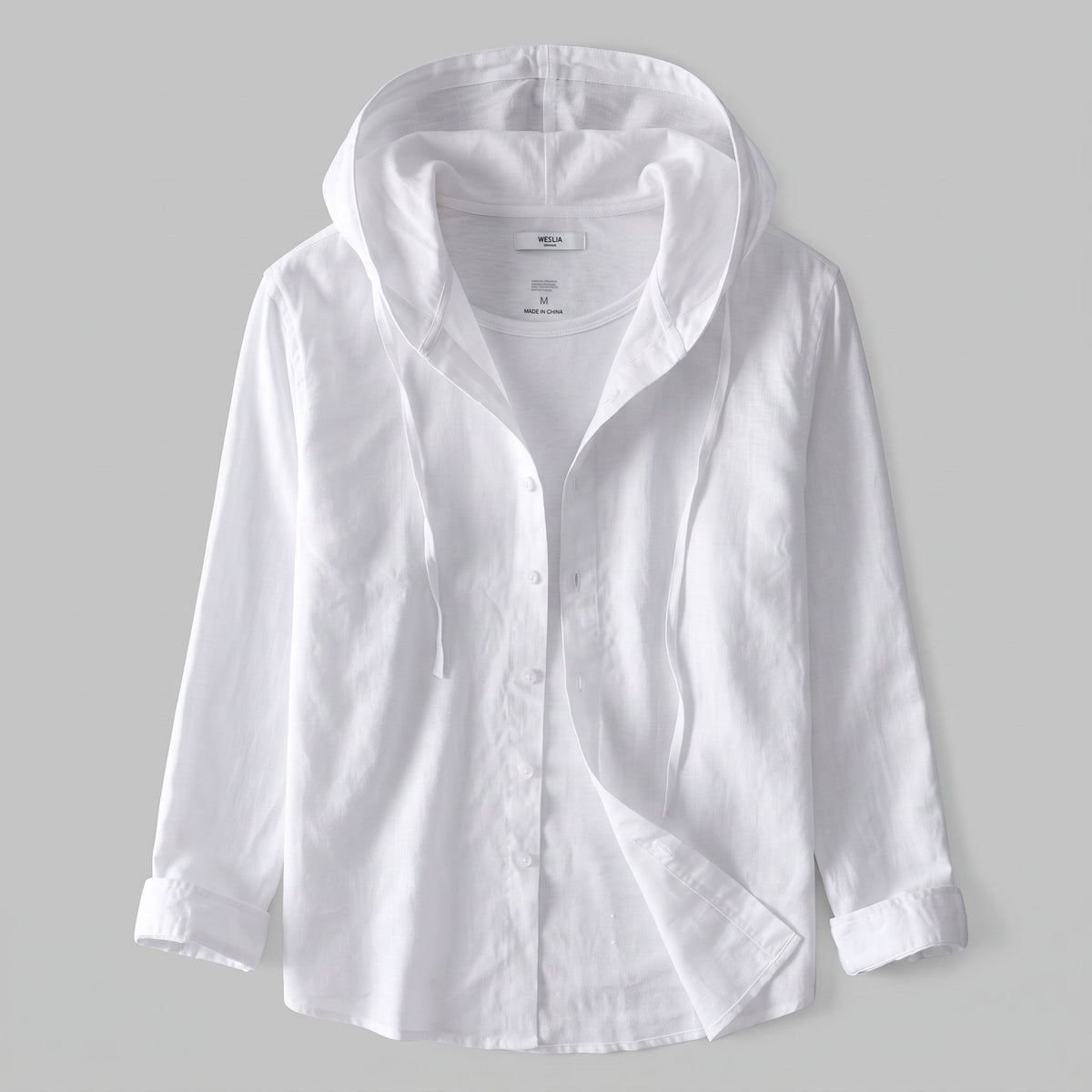 Men's Lightweight Linen Hoodie with Button Front Close Up