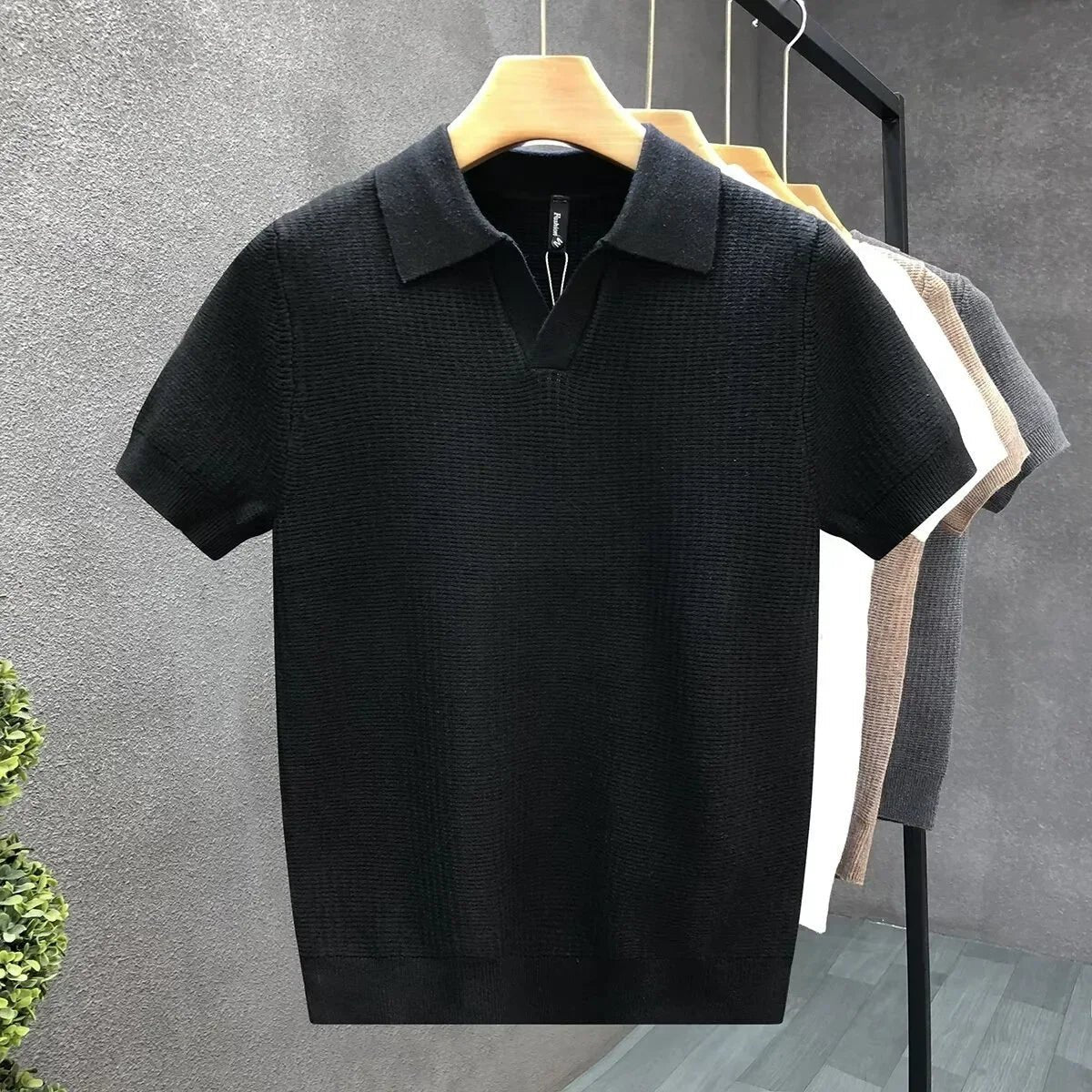 Men's Relaxed Knit Polo Shirt with Open Collar Detail